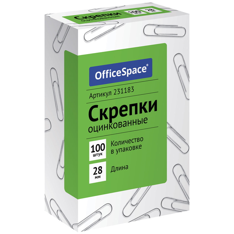 Скрепки 28мм, OfficeSpace, 100шт., оцинкованные, карт. упак., РФ